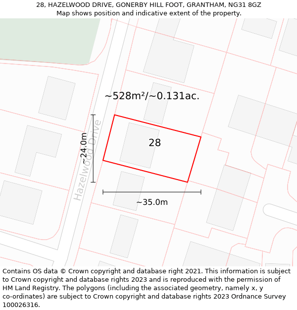 28, HAZELWOOD DRIVE, GONERBY HILL FOOT, GRANTHAM, NG31 8GZ: Plot and title map