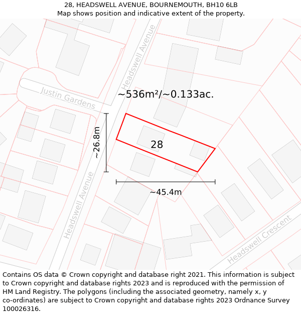 28, HEADSWELL AVENUE, BOURNEMOUTH, BH10 6LB: Plot and title map
