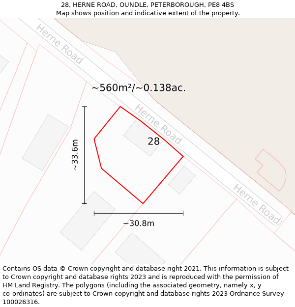 28, HERNE ROAD, OUNDLE, PETERBOROUGH, PE8 4BS: Plot and title map