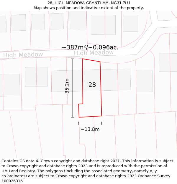 28, HIGH MEADOW, GRANTHAM, NG31 7LU: Plot and title map