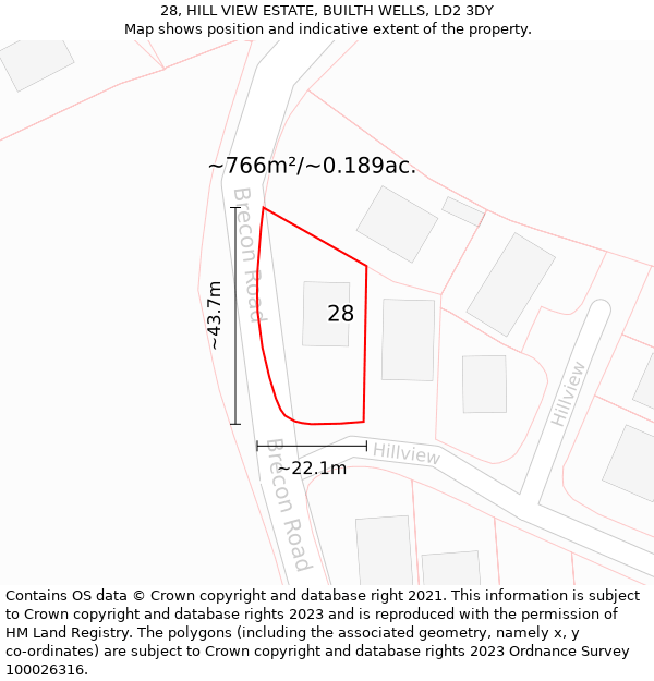 28, HILL VIEW ESTATE, BUILTH WELLS, LD2 3DY: Plot and title map