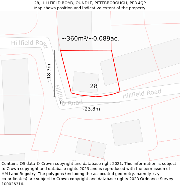 28, HILLFIELD ROAD, OUNDLE, PETERBOROUGH, PE8 4QP: Plot and title map