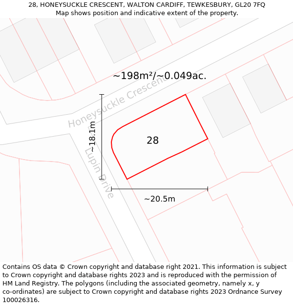 28, HONEYSUCKLE CRESCENT, WALTON CARDIFF, TEWKESBURY, GL20 7FQ: Plot and title map