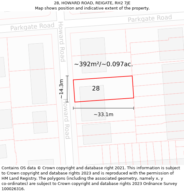 28, HOWARD ROAD, REIGATE, RH2 7JE: Plot and title map