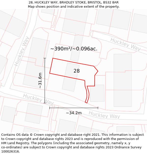 28, HUCKLEY WAY, BRADLEY STOKE, BRISTOL, BS32 8AR: Plot and title map