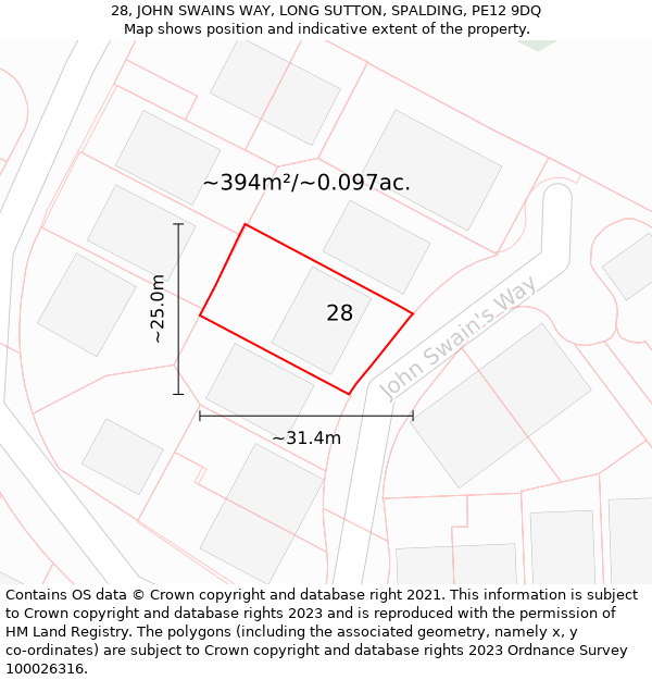 28, JOHN SWAINS WAY, LONG SUTTON, SPALDING, PE12 9DQ: Plot and title map