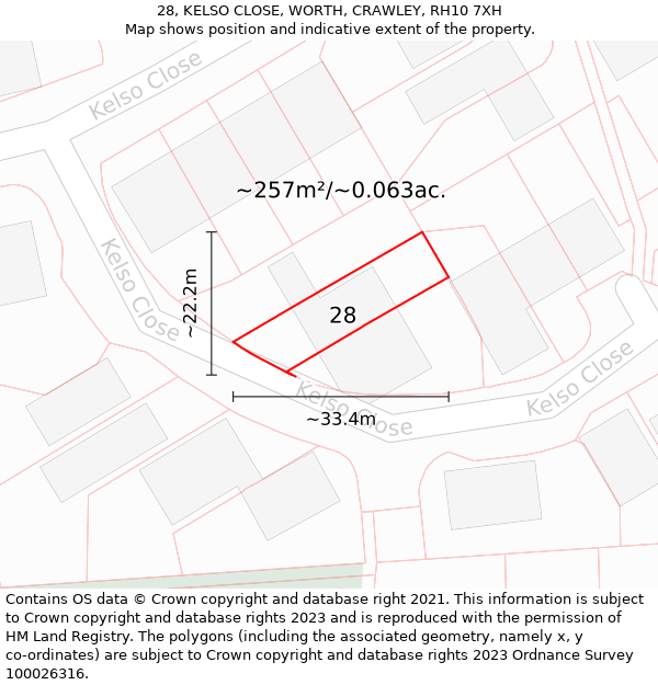 28, KELSO CLOSE, WORTH, CRAWLEY, RH10 7XH: Plot and title map