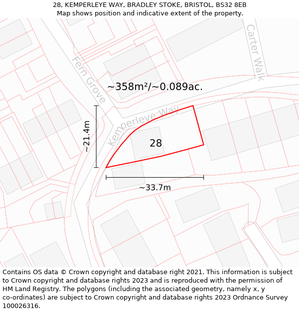 28, KEMPERLEYE WAY, BRADLEY STOKE, BRISTOL, BS32 8EB: Plot and title map