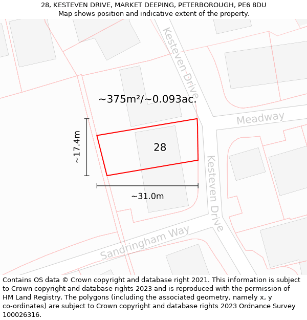 28, KESTEVEN DRIVE, MARKET DEEPING, PETERBOROUGH, PE6 8DU: Plot and title map