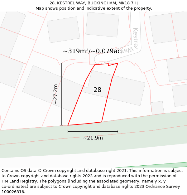 28, KESTREL WAY, BUCKINGHAM, MK18 7HJ: Plot and title map