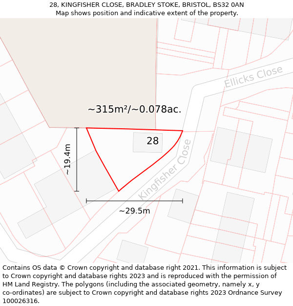 28, KINGFISHER CLOSE, BRADLEY STOKE, BRISTOL, BS32 0AN: Plot and title map