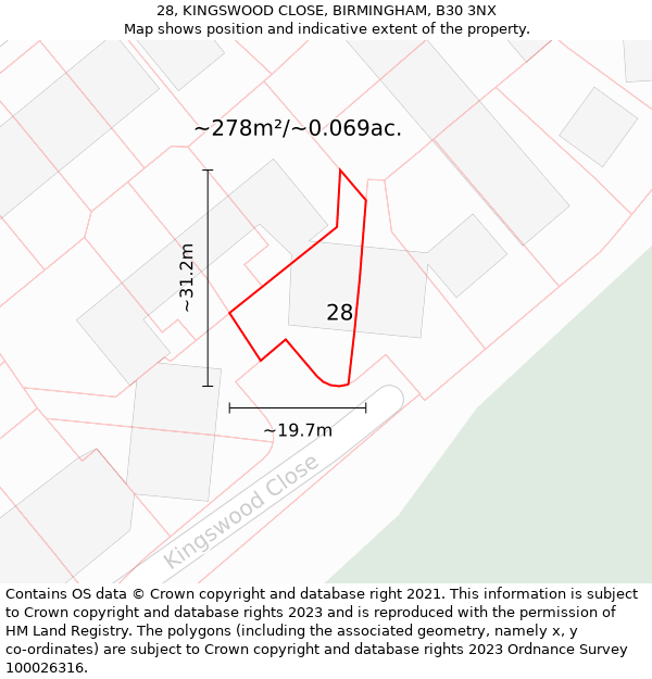 28, KINGSWOOD CLOSE, BIRMINGHAM, B30 3NX: Plot and title map