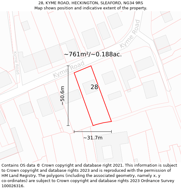 28, KYME ROAD, HECKINGTON, SLEAFORD, NG34 9RS: Plot and title map