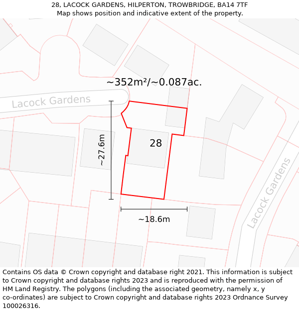 28, LACOCK GARDENS, HILPERTON, TROWBRIDGE, BA14 7TF: Plot and title map