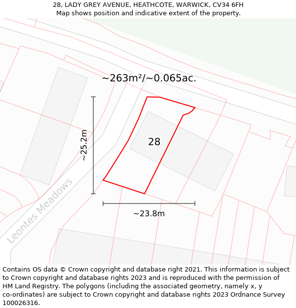 28, LADY GREY AVENUE, HEATHCOTE, WARWICK, CV34 6FH: Plot and title map