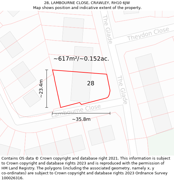 28, LAMBOURNE CLOSE, CRAWLEY, RH10 6JW: Plot and title map