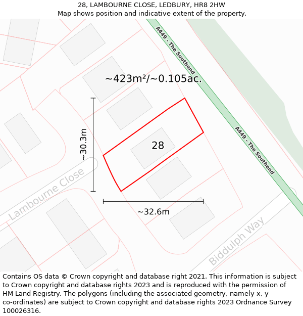 28, LAMBOURNE CLOSE, LEDBURY, HR8 2HW: Plot and title map