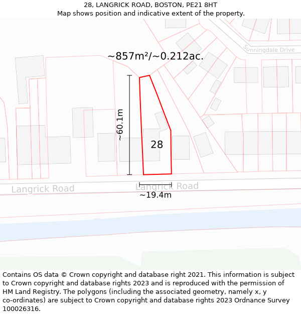 28, LANGRICK ROAD, BOSTON, PE21 8HT: Plot and title map