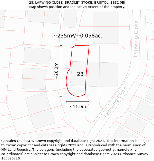 28, LAPWING CLOSE, BRADLEY STOKE, BRISTOL, BS32 0BJ: Plot and title map