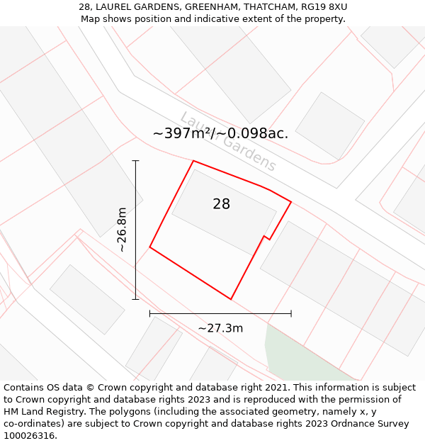 28, LAUREL GARDENS, GREENHAM, THATCHAM, RG19 8XU: Plot and title map