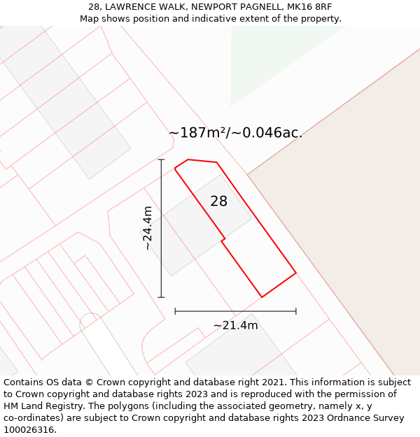 28, LAWRENCE WALK, NEWPORT PAGNELL, MK16 8RF: Plot and title map