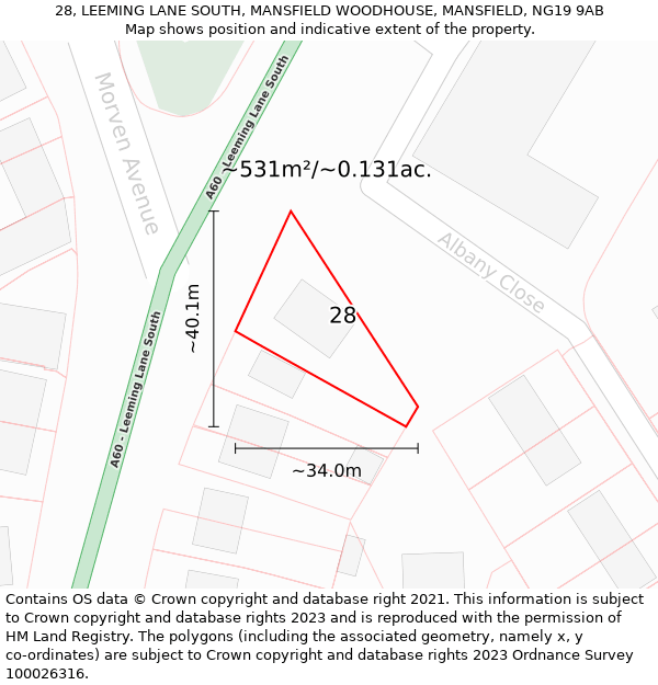 28, LEEMING LANE SOUTH, MANSFIELD WOODHOUSE, MANSFIELD, NG19 9AB: Plot and title map