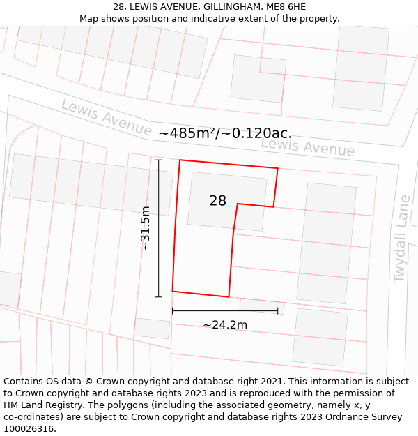 28, LEWIS AVENUE, GILLINGHAM, ME8 6HE: Plot and title map