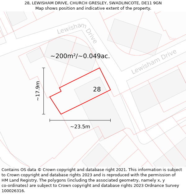 28, LEWISHAM DRIVE, CHURCH GRESLEY, SWADLINCOTE, DE11 9GN: Plot and title map