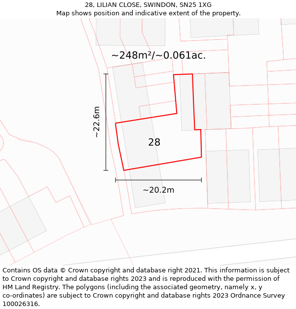 28, LILIAN CLOSE, SWINDON, SN25 1XG: Plot and title map