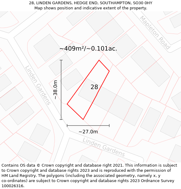 28, LINDEN GARDENS, HEDGE END, SOUTHAMPTON, SO30 0HY: Plot and title map
