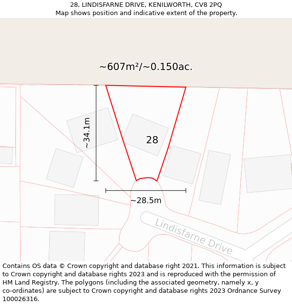 28, LINDISFARNE DRIVE, KENILWORTH, CV8 2PQ: Plot and title map