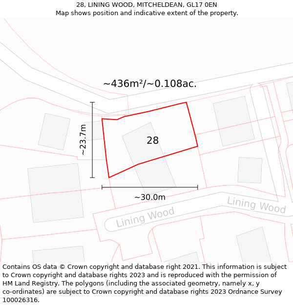 28, LINING WOOD, MITCHELDEAN, GL17 0EN: Plot and title map