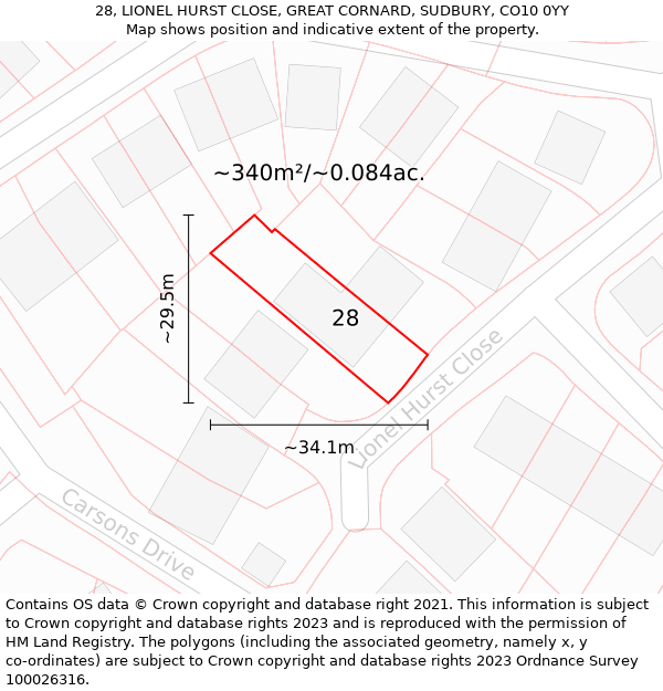 28, LIONEL HURST CLOSE, GREAT CORNARD, SUDBURY, CO10 0YY: Plot and title map