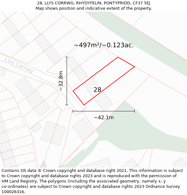 28, LLYS CORRWG, RHYDYFELIN, PONTYPRIDD, CF37 5EJ: Plot and title map