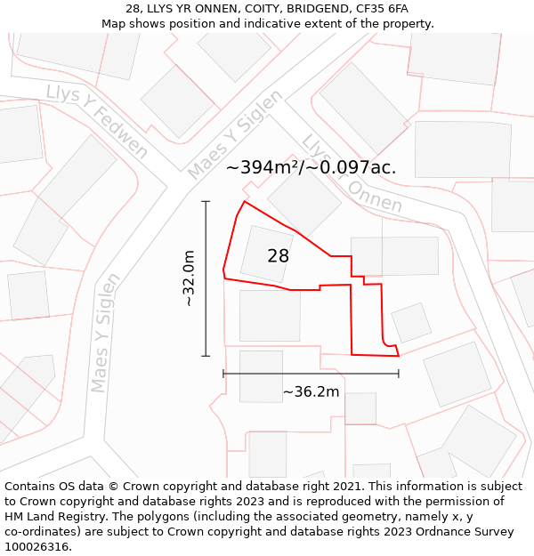 28, LLYS YR ONNEN, COITY, BRIDGEND, CF35 6FA: Plot and title map