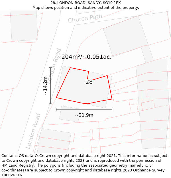 28, LONDON ROAD, SANDY, SG19 1EX: Plot and title map