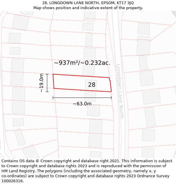 28, LONGDOWN LANE NORTH, EPSOM, KT17 3JQ: Plot and title map