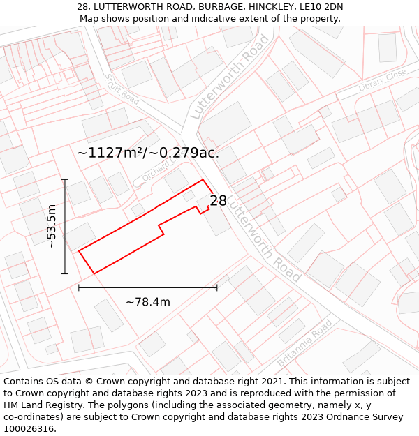 28, LUTTERWORTH ROAD, BURBAGE, HINCKLEY, LE10 2DN: Plot and title map