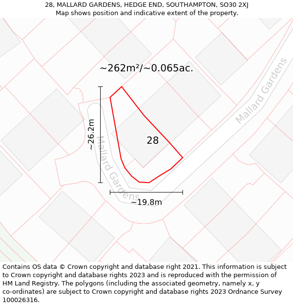 28, MALLARD GARDENS, HEDGE END, SOUTHAMPTON, SO30 2XJ: Plot and title map