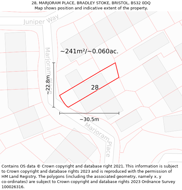 28, MARJORAM PLACE, BRADLEY STOKE, BRISTOL, BS32 0DQ: Plot and title map