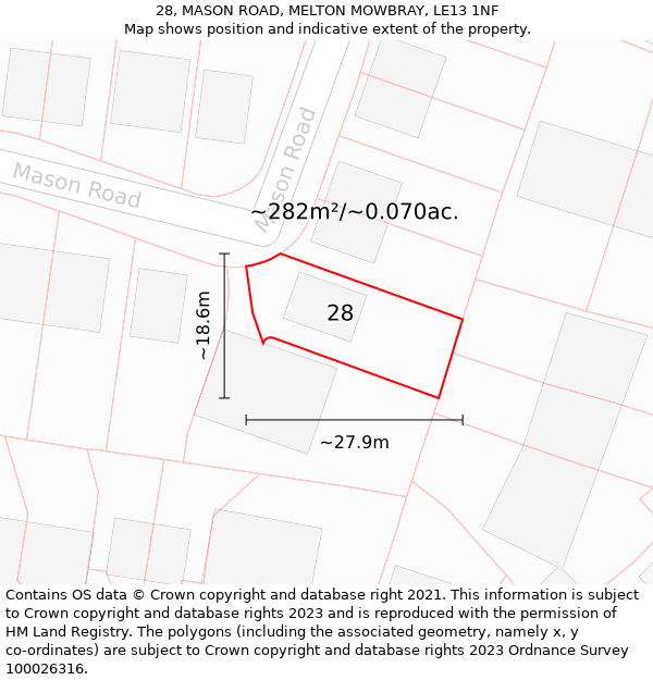 28, MASON ROAD, MELTON MOWBRAY, LE13 1NF: Plot and title map