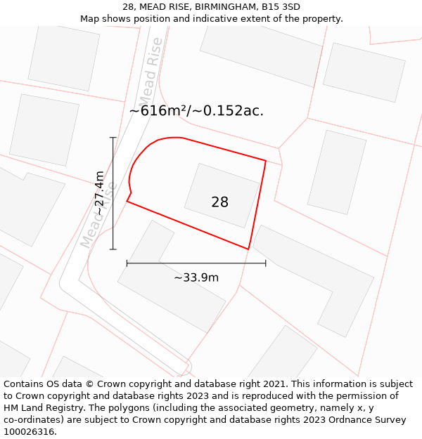 28, MEAD RISE, BIRMINGHAM, B15 3SD: Plot and title map