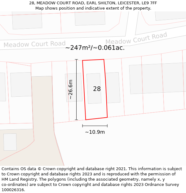 28, MEADOW COURT ROAD, EARL SHILTON, LEICESTER, LE9 7FF: Plot and title map