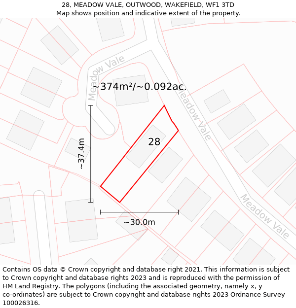 28, MEADOW VALE, OUTWOOD, WAKEFIELD, WF1 3TD: Plot and title map