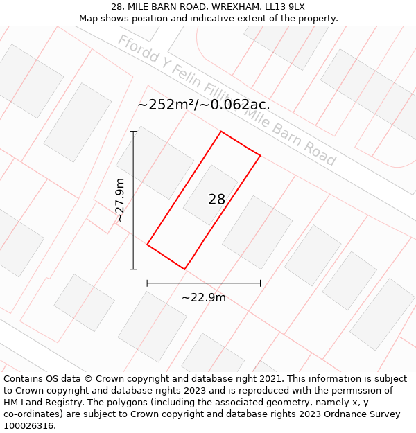 28, MILE BARN ROAD, WREXHAM, LL13 9LX: Plot and title map