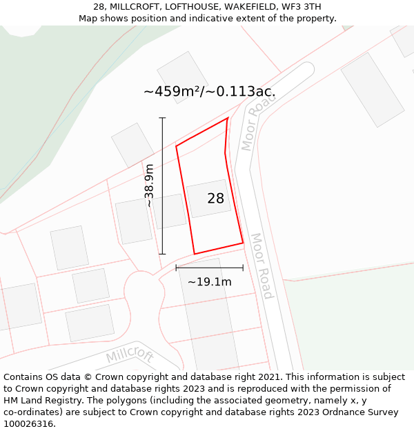 28, MILLCROFT, LOFTHOUSE, WAKEFIELD, WF3 3TH: Plot and title map