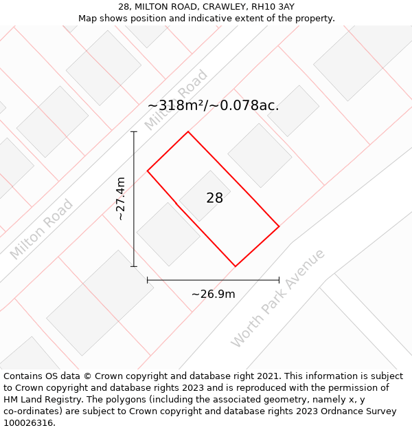 28, MILTON ROAD, CRAWLEY, RH10 3AY: Plot and title map