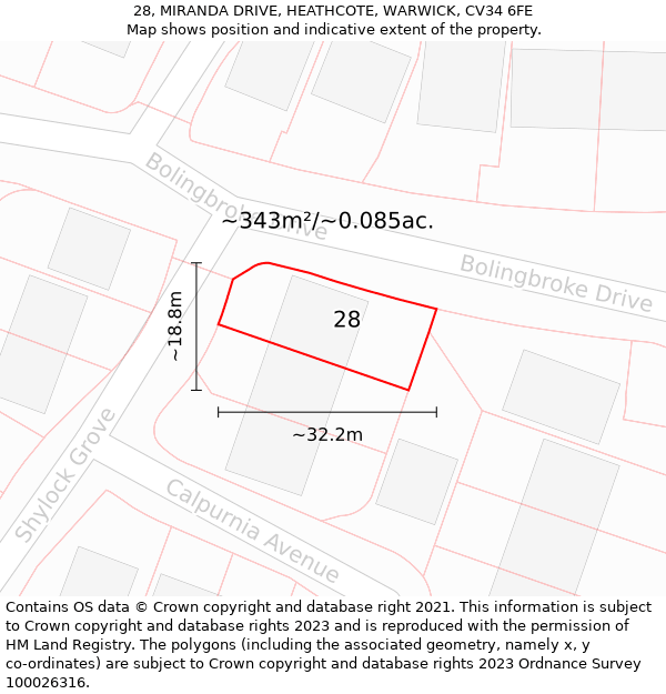 28, MIRANDA DRIVE, HEATHCOTE, WARWICK, CV34 6FE: Plot and title map