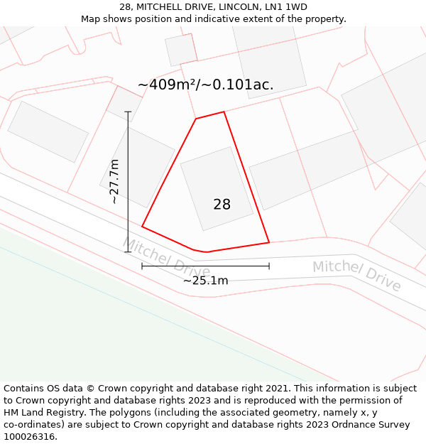 28, MITCHELL DRIVE, LINCOLN, LN1 1WD: Plot and title map