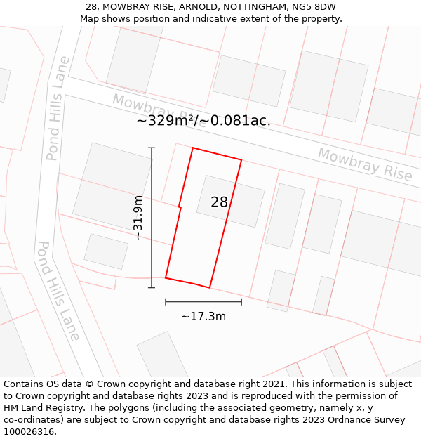 28, MOWBRAY RISE, ARNOLD, NOTTINGHAM, NG5 8DW: Plot and title map